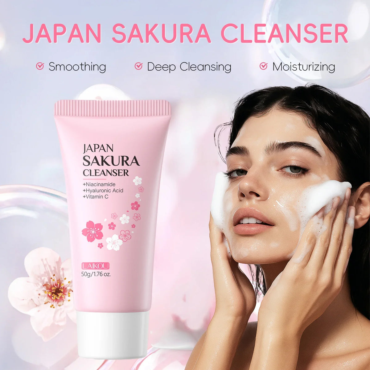 Blushimmer Laikou Sakura facial cleanser with pink packaging, showcasing the deep cleansing and moisturizing face wash for all skin types.