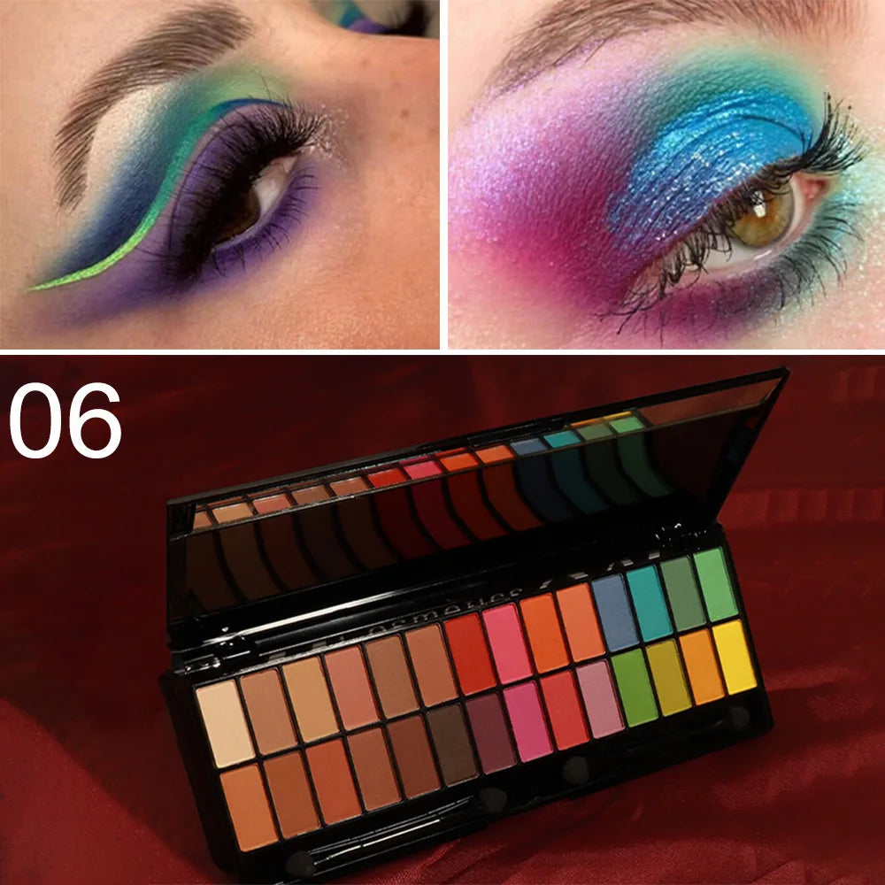 Blushimmer Matte Shimmer Eyeshadow Palette with 28 waterproof colors and dual-ended brush for professional makeup application.