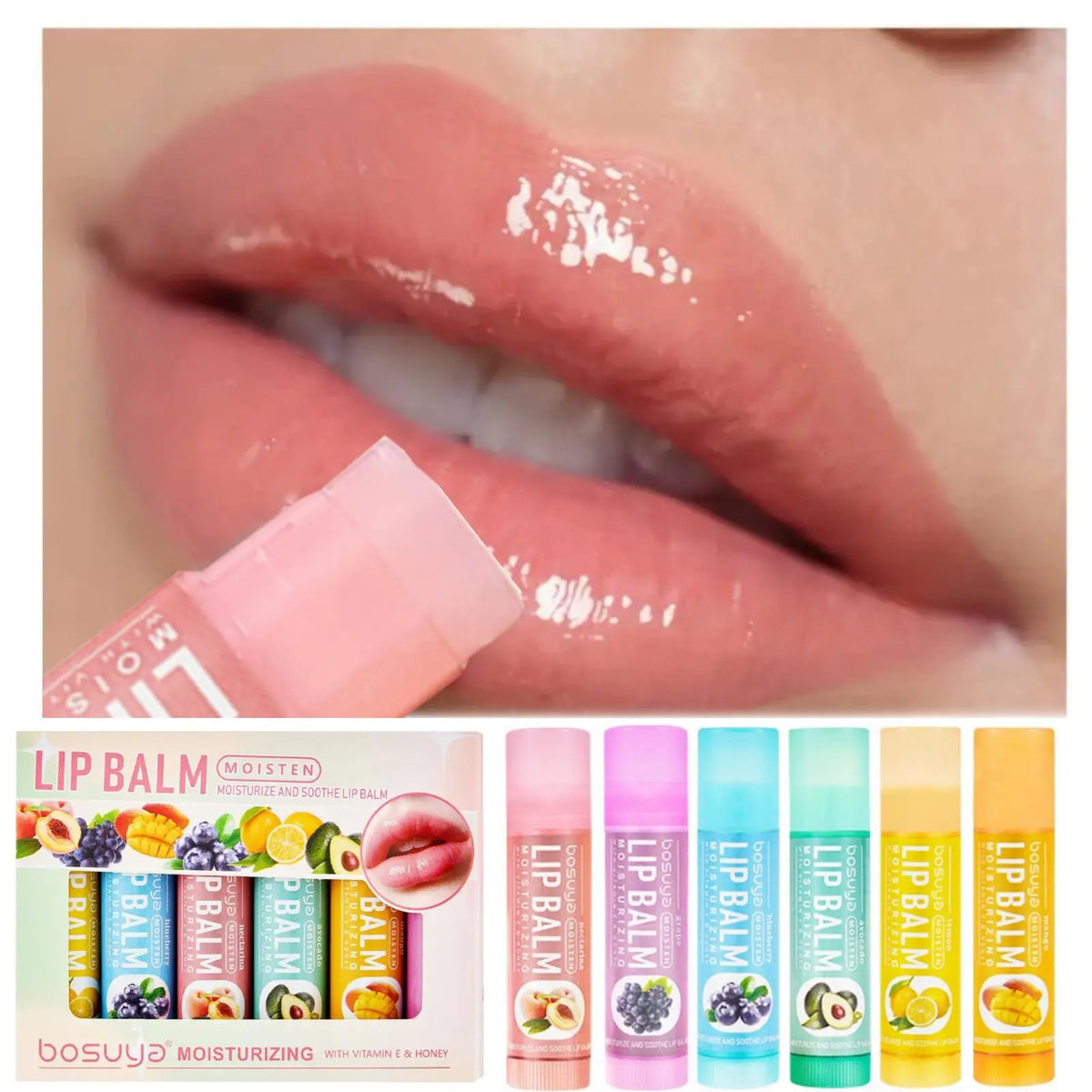 Set of 6 Blushimmer lip balms in various fragrances, moisturizing and repairing dry lips, perfect gift for girls