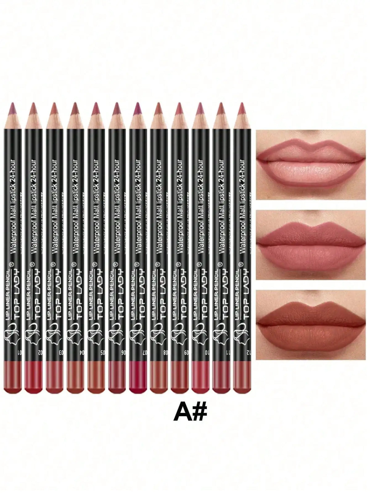 Set of 12 Blushimmer lip liner pens in various shades, matte finish, non-stick cup, perfect for nude and bold lip looks.