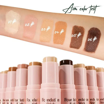 Blushimmer facial stick foundation for dark skin, full coverage, matte finish, oil-control, concealer, and primer in a sleek stick.