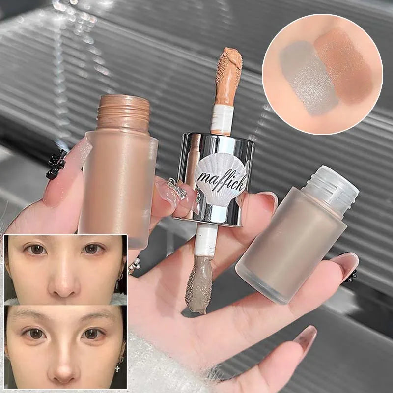 Blushimmer double-head liquid contour and highlighter stick with natural bronze and gray-brown shades, waterproof makeup for nose shadow.
