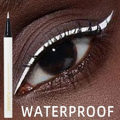 White liquid eyeliner pen by Blushimmer with matte finish, waterproof formula, long-lasting for precise eye makeup application.