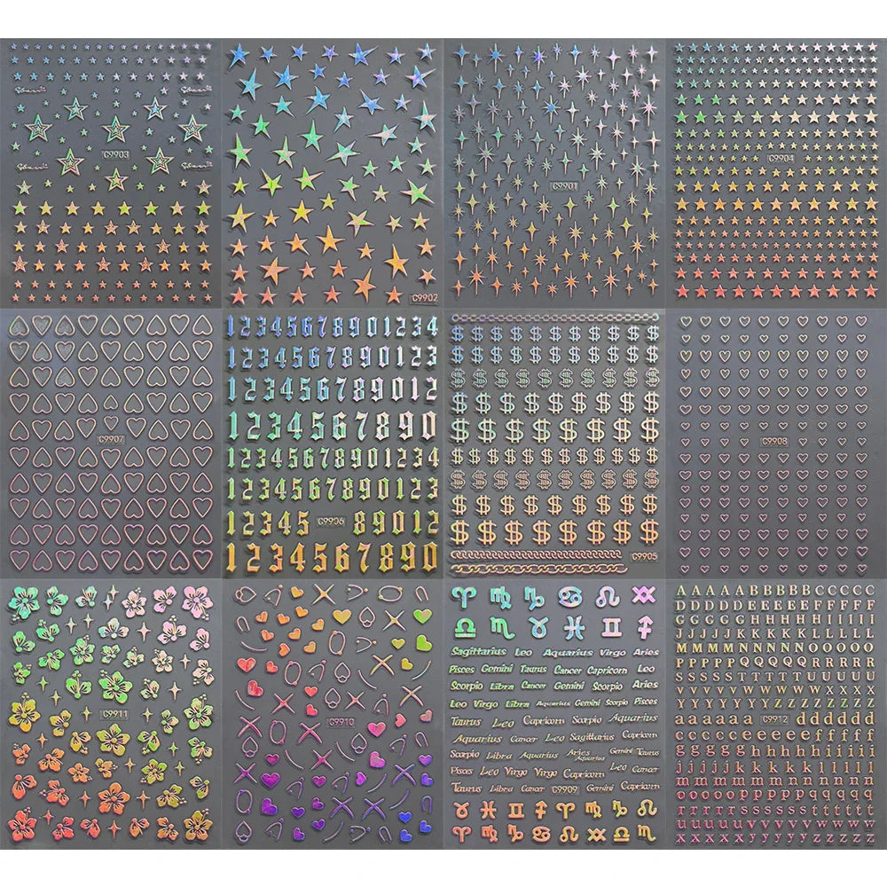 12pcs Blushimmer laser star nail stickers with 3D alphabet, heart, flower designs for DIY gradient manicure and nail art decoration