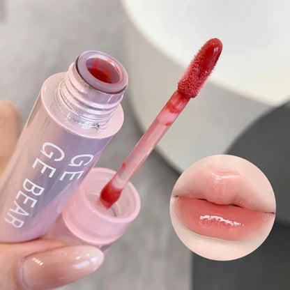 Blushimmer Gege Bear Water Gel Lip Gloss showing a clear, glossy finish with long-lasting color on smooth lips.
