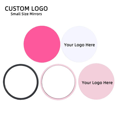 Round pocket mirror with custom logo, featuring red, pink, white, and black design, branded by Blushimmer, perfect as wedding souvenir gift