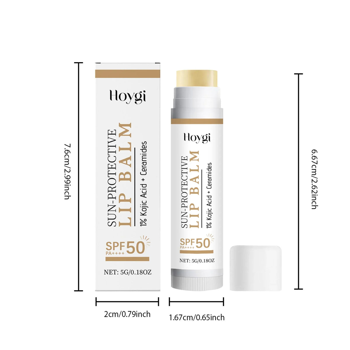 Blushimmer SPF50+ sun protective lip balm with hydrating, nourishing formula, featuring kojic acid and ceramide for brighter, smoother lips