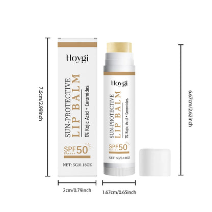 Blushimmer SPF50+ sun protective lip balm with hydrating, nourishing formula, featuring kojic acid and ceramide for brighter, smoother lips