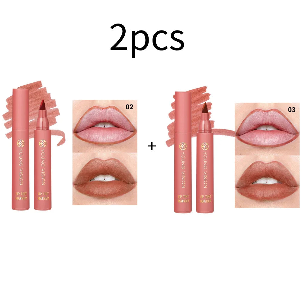 Blushimmer lip tint pen with six matte water lipstick shades, featuring smooth application and long-lasting color.