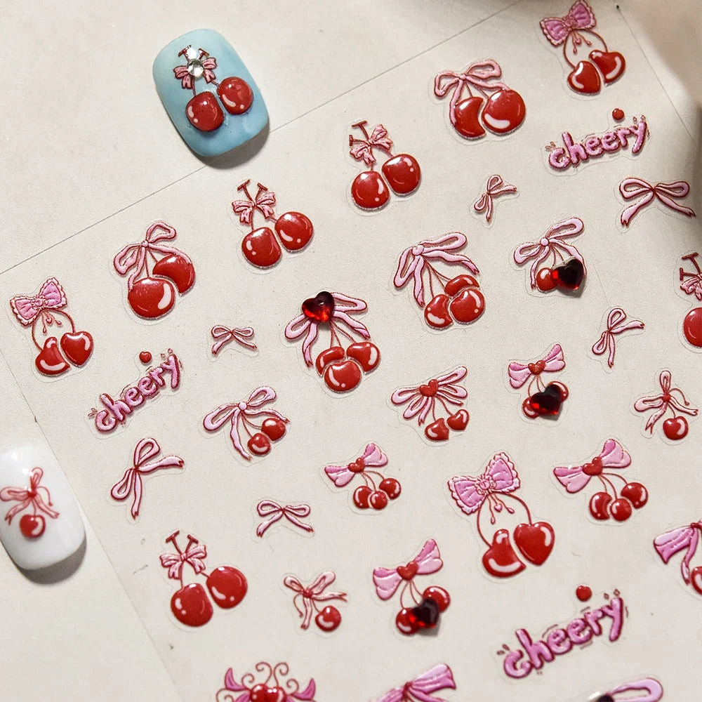 Cute Juicy Red Cherry Bowknot 5D nail art sticker with shiny rhinestones, perfect for DIY manicure decoration by Blushimmer.