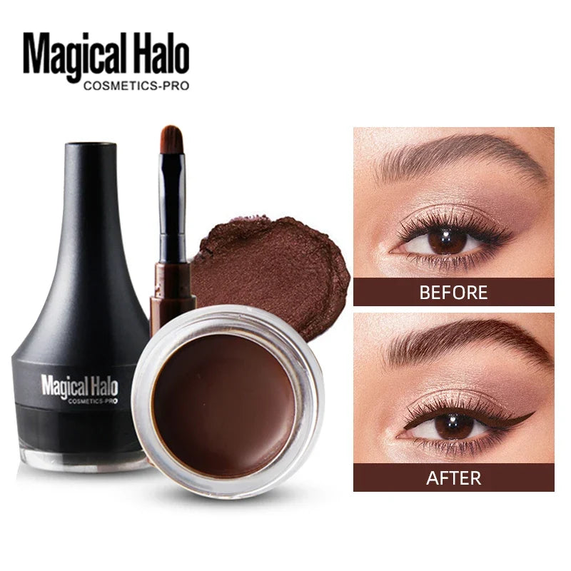 Blushimmer waterproof eyebrow pomade and gel eyeliner cream in a 4.5g jar, showcasing the creamy texture and dark brown shade.