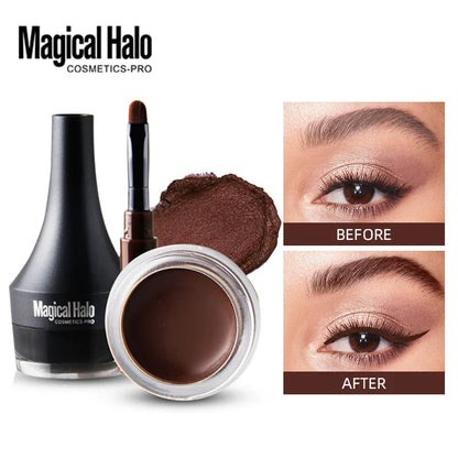 Blushimmer waterproof eyebrow pomade and gel eyeliner cream in a 4.5g jar, showcasing the creamy texture and dark brown shade.