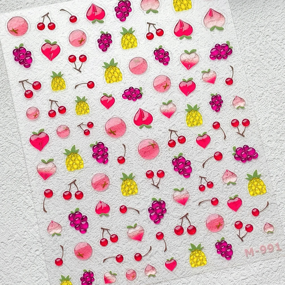 Cute Juicy Red Cherry Bowknot 5D nail art stickers with shiny rhinestones, perfect for DIY manicure decoration by Blushimmer.