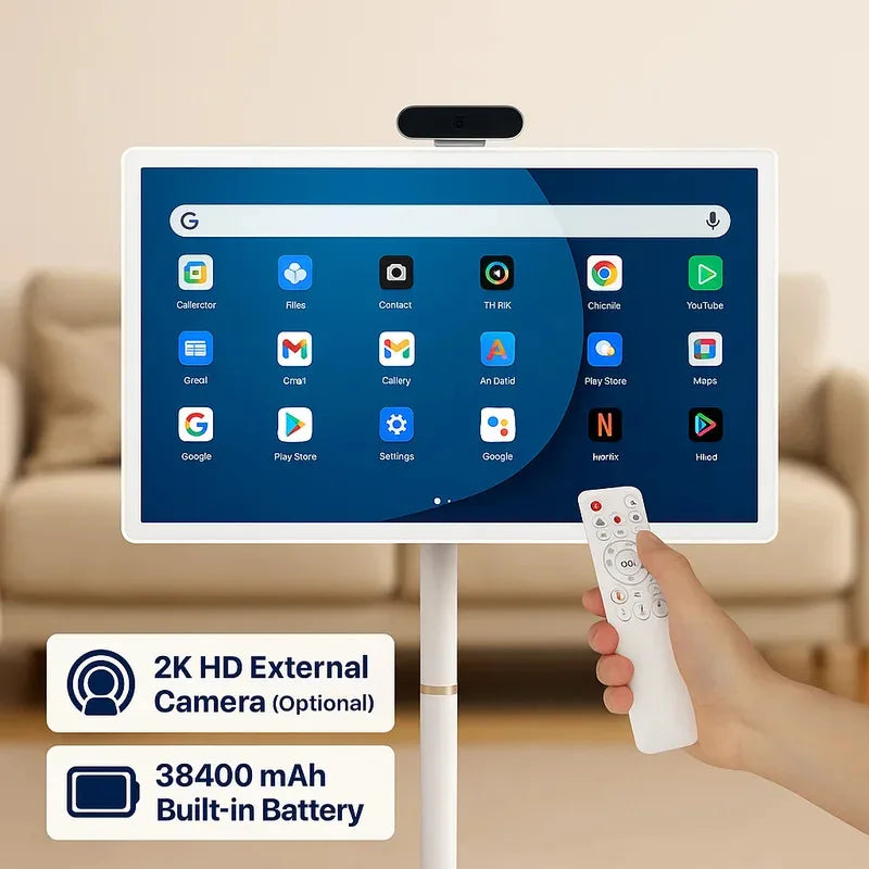 32 Inch Android 15 Smart TV, 6G+128G Floor Stand Tablet with Remote Controller, 2K Camera Video Call, Inbuilt 148W Battery Power