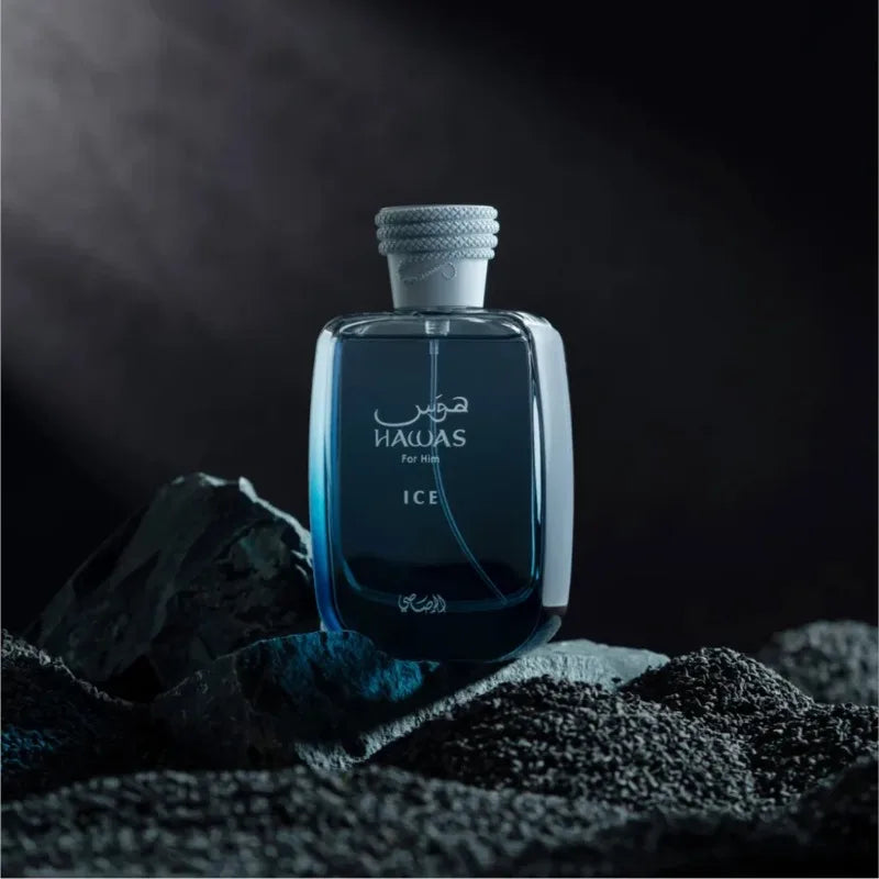 Rasasi Hawas Ice for Men Eau de Parfum spray 100ml, featuring the original Arab perfume bottle with sleek design and aromatic scent.