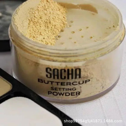Blushimmer Sacha Buttercup translucent setting powder in a loose face powder jar, used to set makeup and reduce shine.