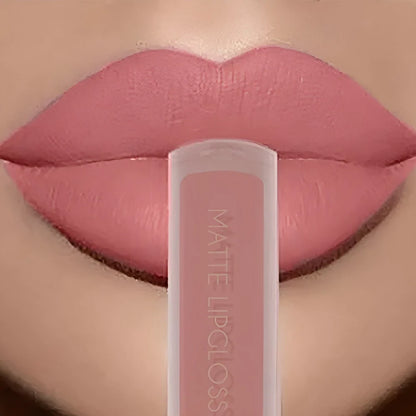Blushimmer 12-color creamy matte lip gloss set featuring long-lasting, moisturizing nude, berry, and rose shades with a velvet finish.