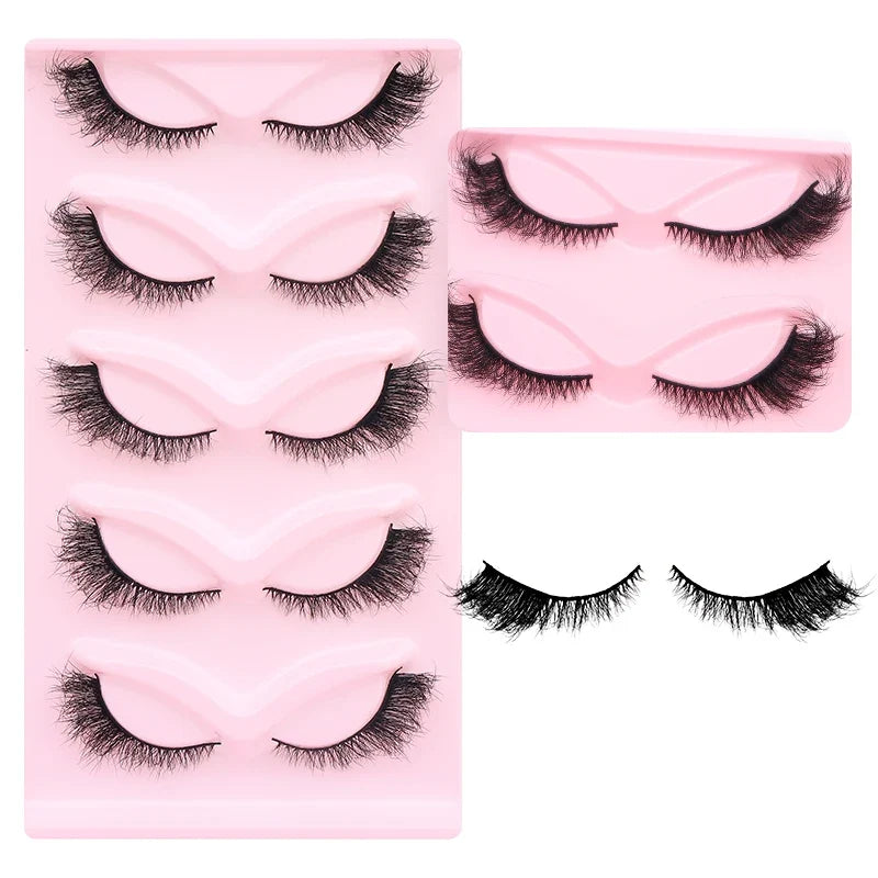 DINGSEN 5 pairs of fluffy, wispy cat eye mink strip eyelashes from Blushimmer, showcasing long, natural-looking false eyelash strips.
