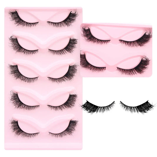 DINGSEN 5 pairs of fluffy, wispy cat eye mink strip eyelashes from Blushimmer, showcasing long, natural-looking false eyelash strips.