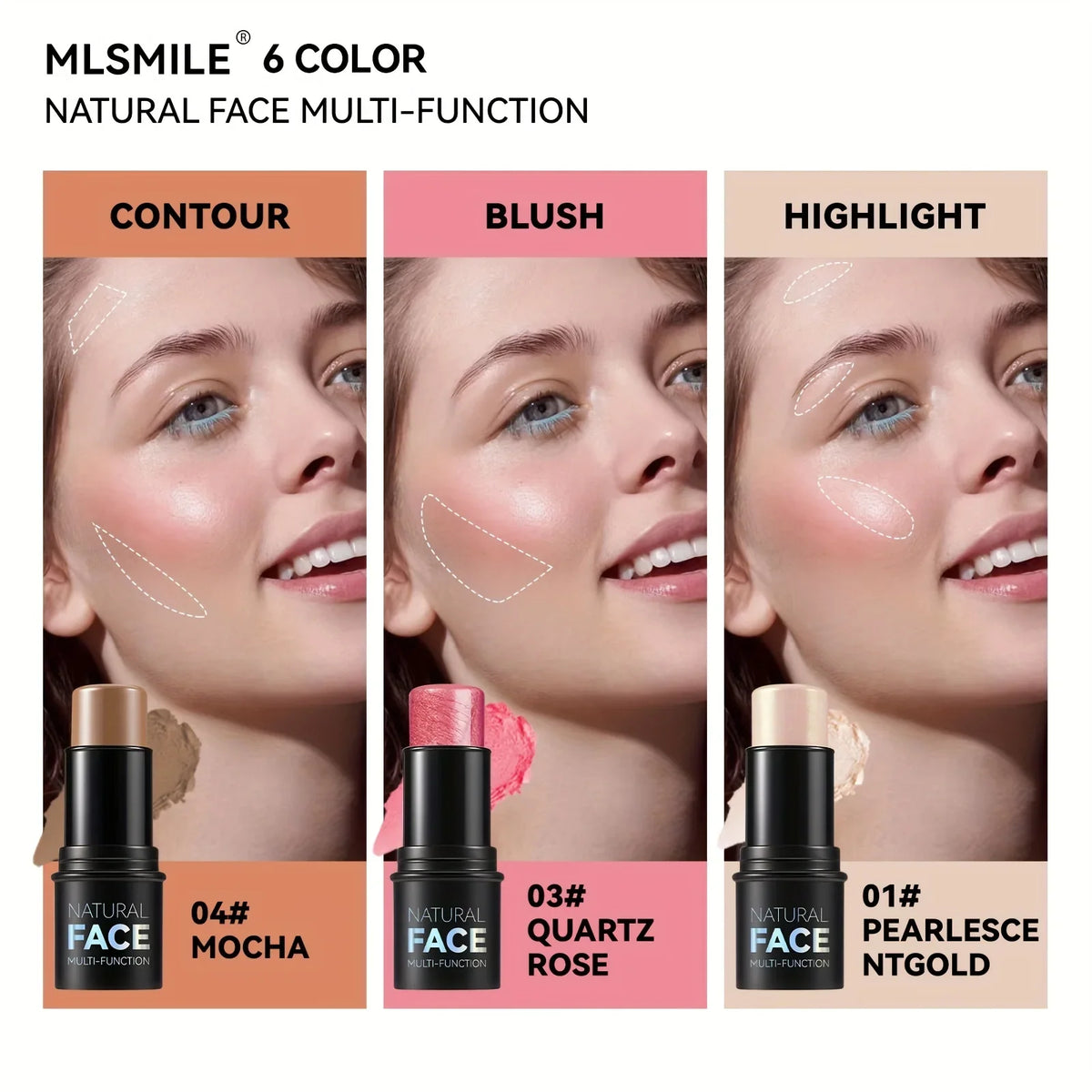 Blushimmer Cream Contour Sticks with highlighter, bronzer, and blush for face contouring, water-resistant and non-greasy.