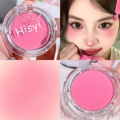 Blushimmer HISYI matte blush plate with natural color micro flash, featuring fine tipsy pink shades in a monochrome design.