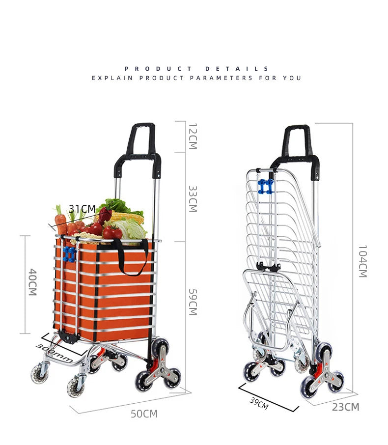 Grocery Cart Portable Aluminum Alloy Shopping Folding Trolley Big Capacity Lightweight Step Climbing Folded Trolley