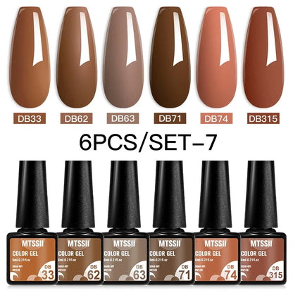 Blushimmer MTSSII 6-piece set of sparkly red gel nail polishes with shiny finish for nail art and manicure.