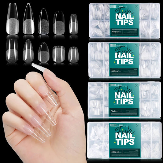 Blushimmer Nailpop false nails in clear, full cover tips with 10/12 sizes, lightweight, durable, salon-quality manicure kit.
