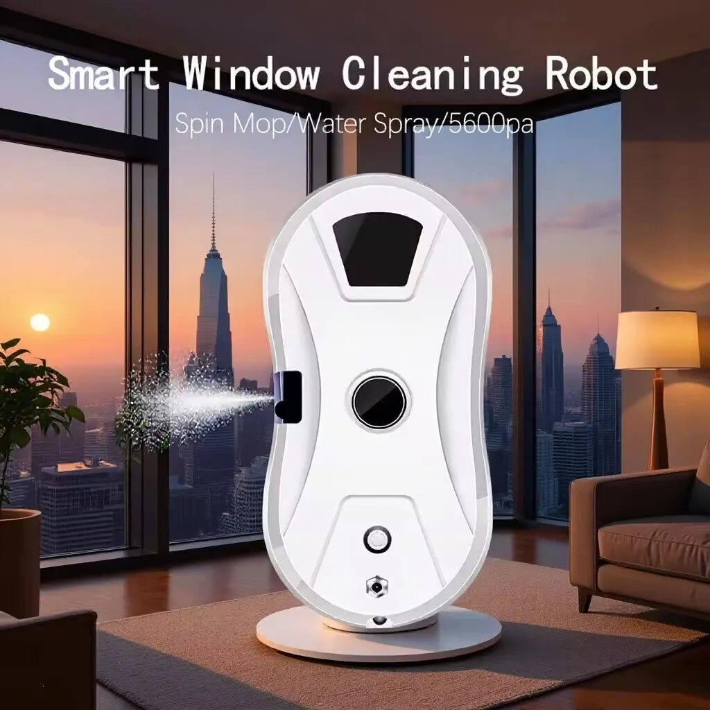 Smart Window Cleaning Robot Auto-Path Planning with 5600Pa Suction High-Rise Glass Remote-Controlled Single Spray Safety Rope