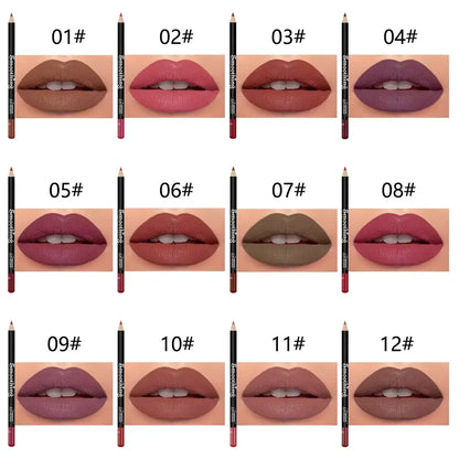 Blushimmer 12-color lip liner pen set with black rods, easy-to-color, professional makeup pencils for precise lip definition.