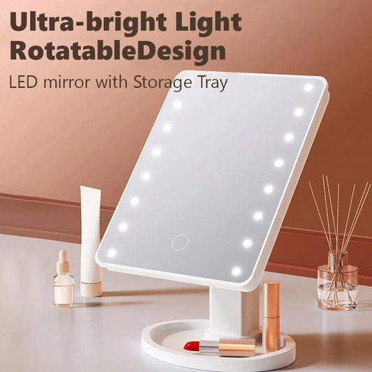 Blushimmer 16 LED light vanity mirror with storage base, 360° rotation, touch-sensitive dimmable lighting for makeup application.