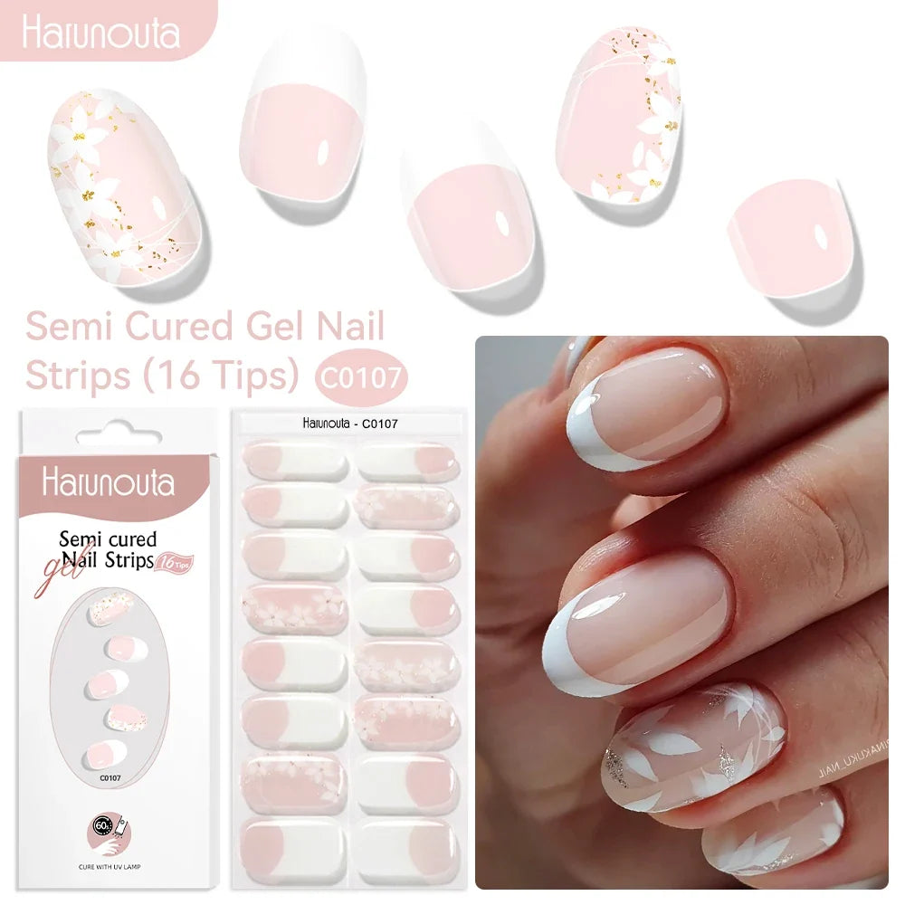 Blushimmer Harunouta 16-strip gradient red marble gel nail stickers with gold lines, semi-cured gel polish for DIY nails.