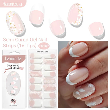 Blushimmer Harunouta 16-strip gradient red marble gel nail stickers with gold lines, semi-cured gel polish for DIY nails.
