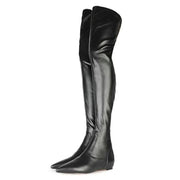 Soft Leather Height Increasing Black Long Boots Pointed Toe Stretch Slip On Winter Fashion Boots Size 44 Over The Knee Boots