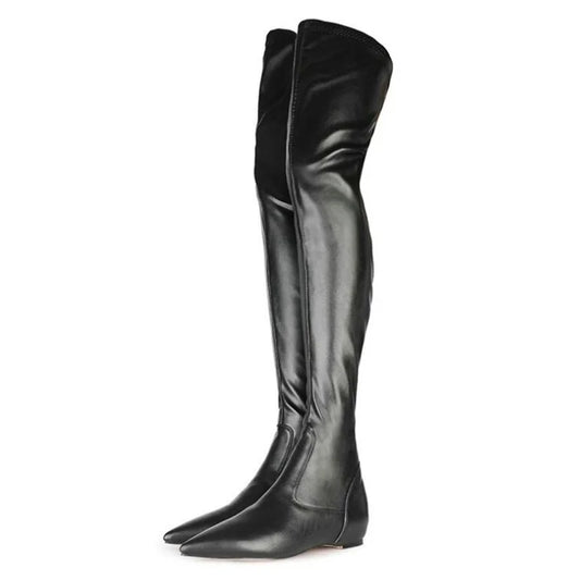 Soft Leather Height Increasing Black Long Boots Pointed Toe Stretch Slip On Winter Fashion Boots Size 44 Over The Knee Boots