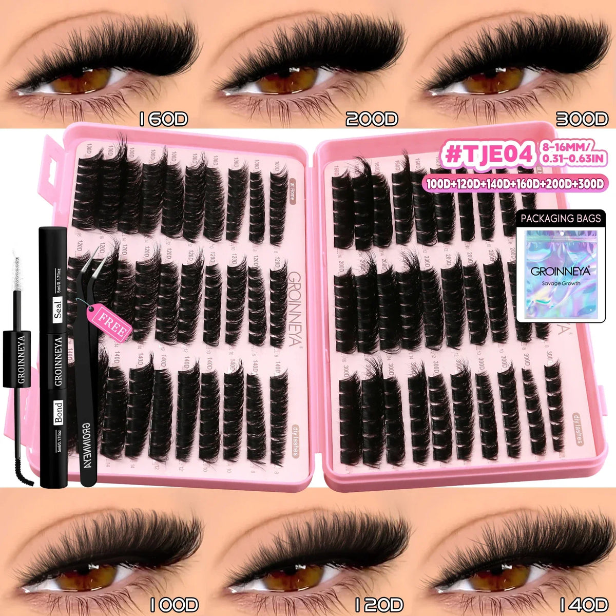 Blushimmer GROINNEYA Lash Clusters Kit with wispy eyelash clusters, lash bond, and seal for DIY eyelash extensions at home.