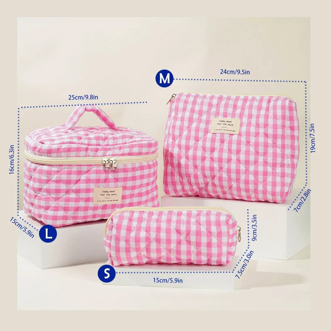 Cute quilted cotton makeup bag by Blushimmer with zipper, portable cloth organizer for cosmetics and toiletries, box shape design.