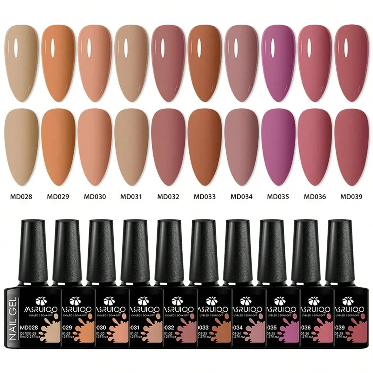 Blushimmer 10-piece gel nail polish set with vibrant colors, HEMA-free, ideal for DIY nail art, UV/LED compatible, long-lasting manicure kit.