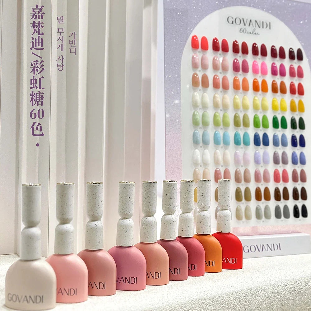 Blushimmer 60-color Korean Loverly Macaron gel polish set with UV gel enamel, 15ml bottles and color card for manicure.