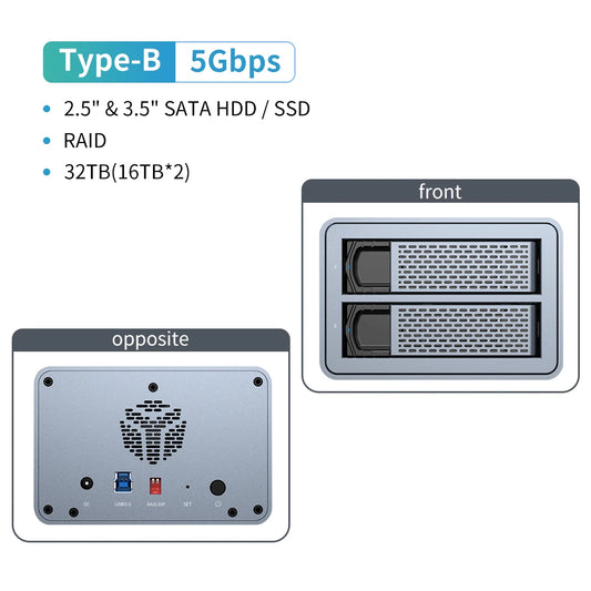 Yottamaster 2 Bay RAID external hard drive enclosure by BACKUPMYFILESNOW®, supports 2.5-inch and 3.5-inch SATA SSD/HDD with USB 3.0