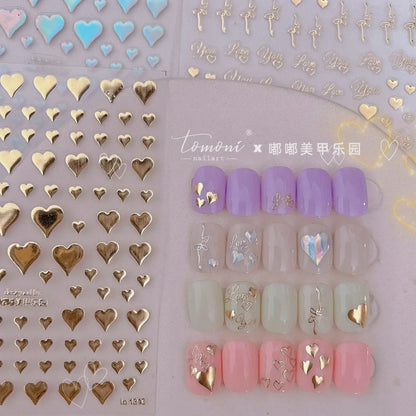 Colorful Cat's Eye 5D gradient European love heart gem nail art stickers with geometric crystal designs for manicures.
