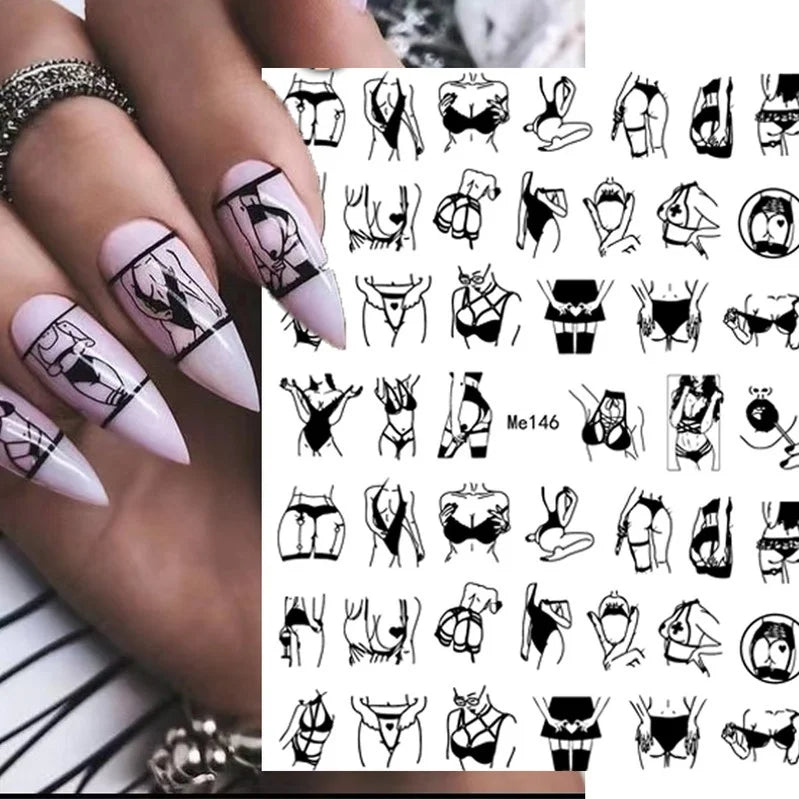 Black and white Blushimmer nail art stickers featuring sexy woman and girl designs for press-on nails and body decoration.