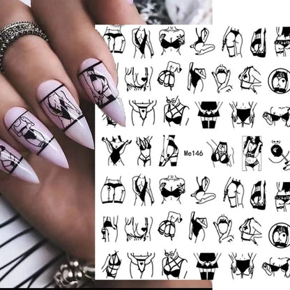 Black and white Blushimmer nail art stickers featuring sexy woman and girl designs for press-on nails and body decoration.