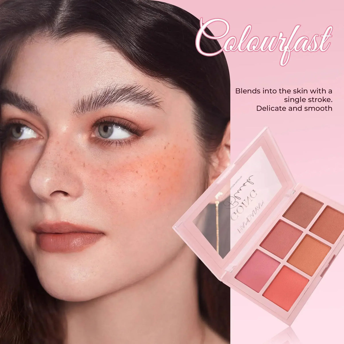 Blushimmer long wear blush makeup palette with buildable color, velvet finish, and contouring brightening face powders.