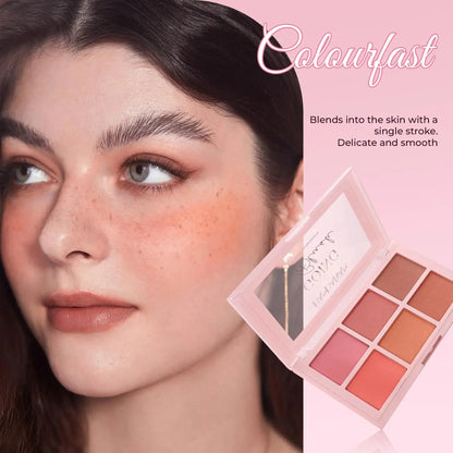 Blushimmer long wear blush makeup palette with buildable color, velvet finish, and contouring brightening face powders.