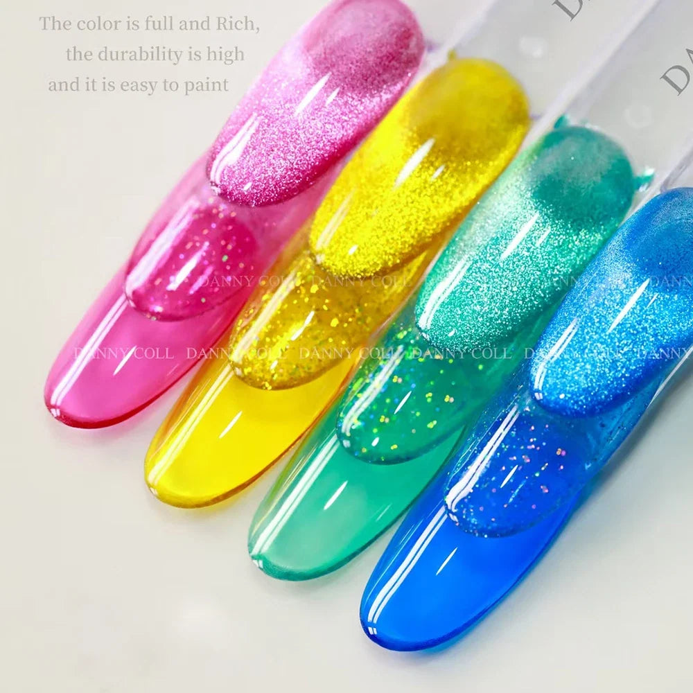 Blushimmer translucent gel nail polish set with 15ml jars, featuring clear, jelly, and gemstone colors for UV and LED nail art.