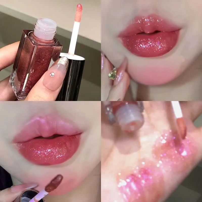 Blue mermaid color pearlescent lip gloss by Blushimmer showing shiny, glittery lips with a glossy, shimmering finish and waterproof formula.
