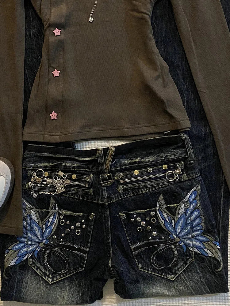 American Fashion High Street Large Size Butterfly Embroidered Women Jeans Y2K Millennium Harajuku Slim Flared Jeans