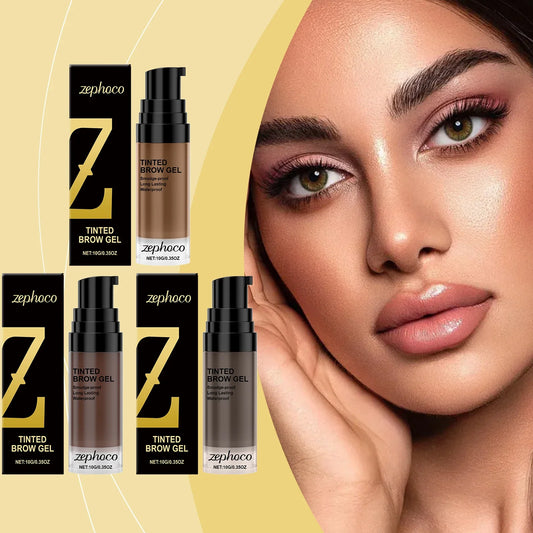 Blushimmer Zephoco tinted brow gel in waterproof matte finish, shown on eyebrows with a natural, defined look.