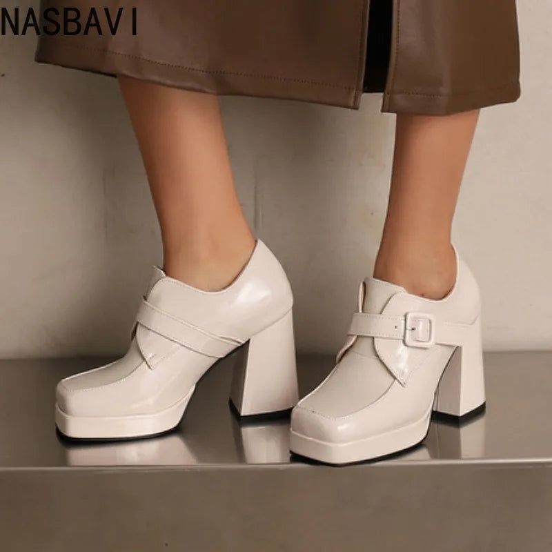 NASBAVI Ladies Pumps Square Toe Block Heels 9.5cm Platform 2cm Belt Buckle Plus Size 46 47 48 Fashion Dating Party Women Shoes